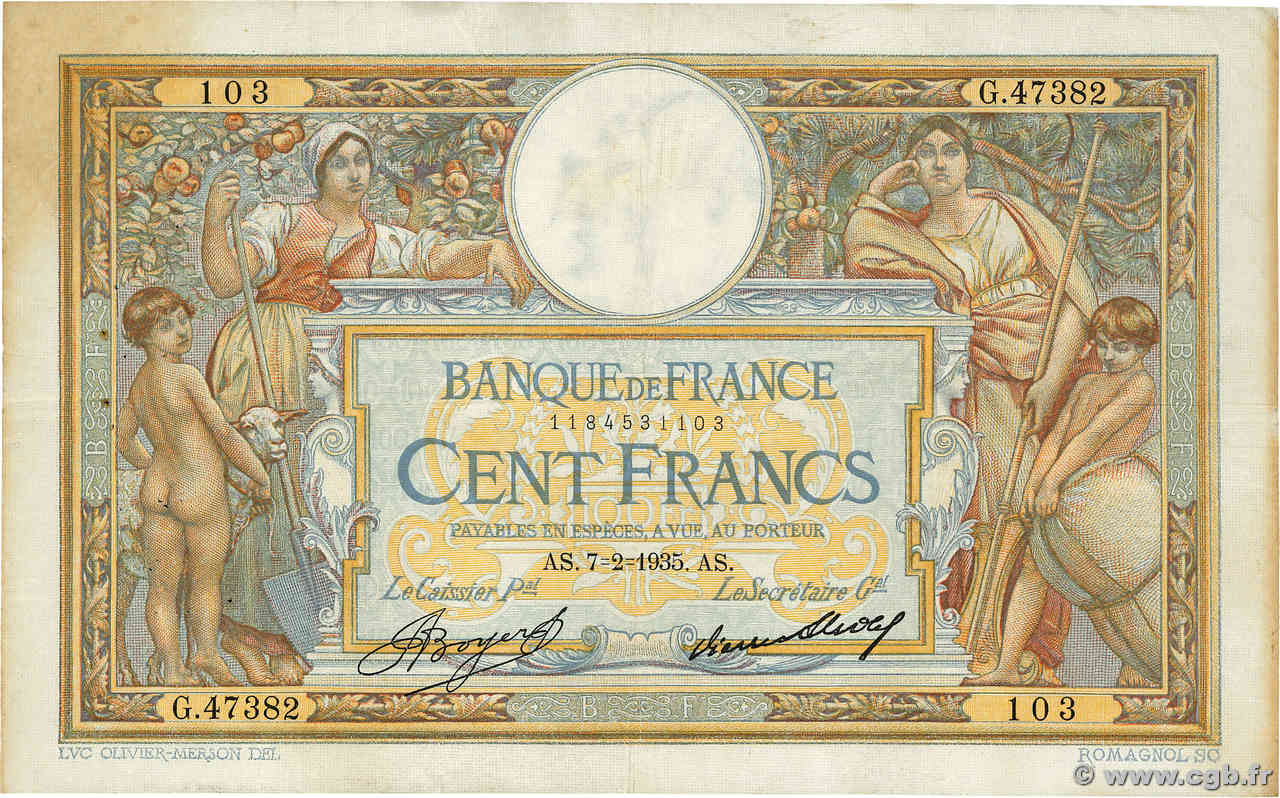 100 Francs LUC OLIVIER MERSON grands cartouches FRANCE  1935 F.24.14 TB+
