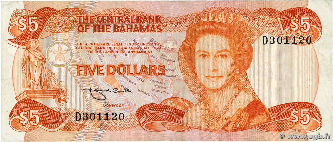 5 Dollars BAHAMAS  1984 P.45b TB+