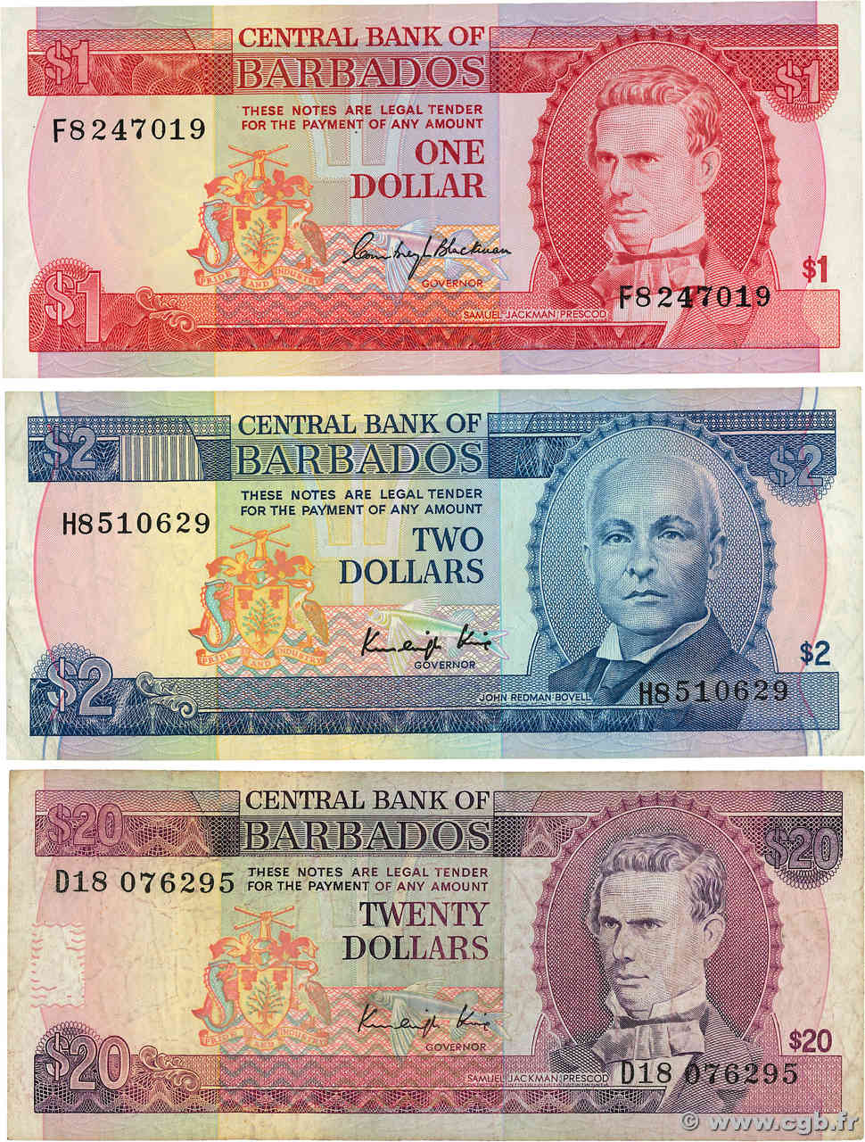1 à 20 Dollars Lot BARBADOS  1973 P.29, P.36 et P.39 F