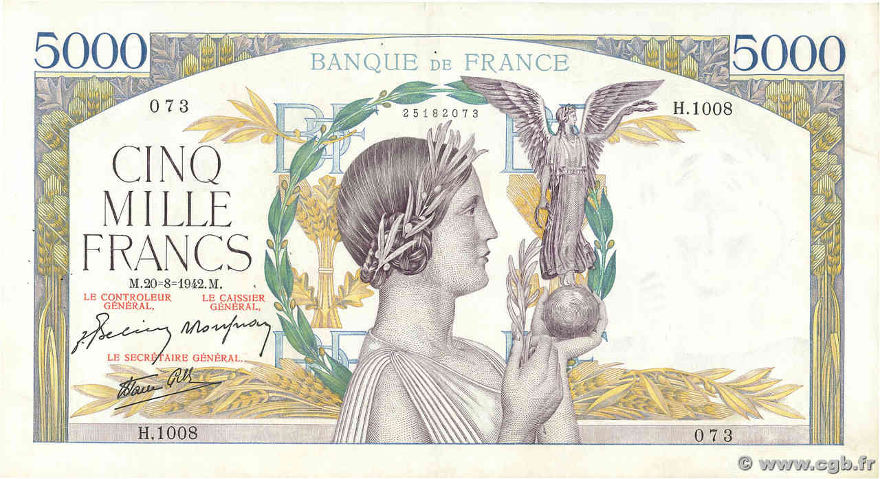 5000 Francs VICTOIRE Impression à plat FRANCE  1942 F.46.40 TTB+