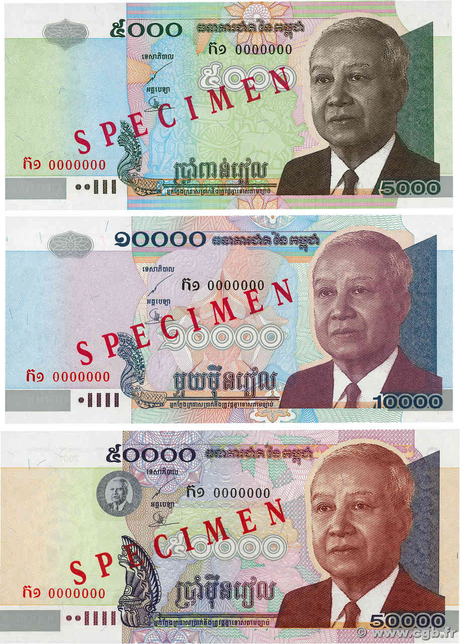 5000, 10000 et 50000 Riels Spécimen CAMBODGE  2001 P.55s, P.56s et P.57s NEUF