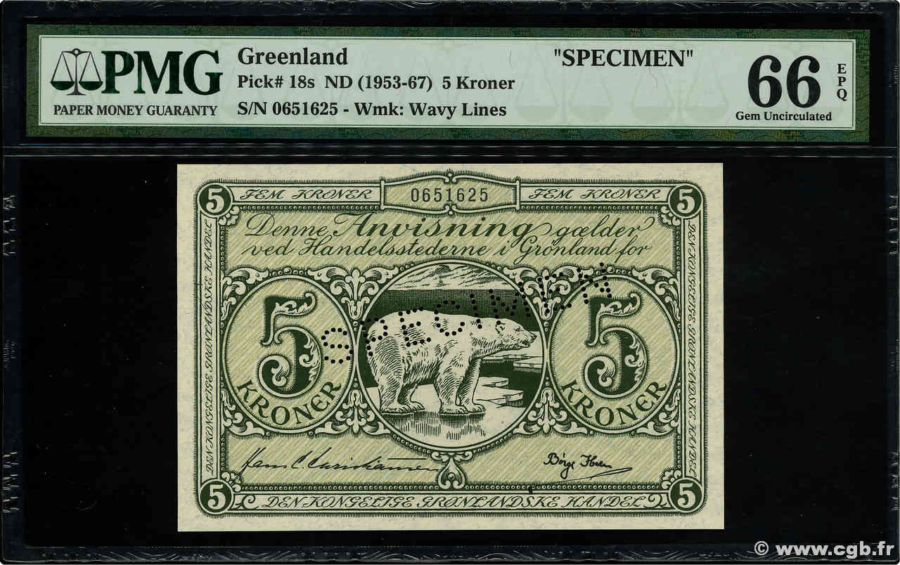 5 Kroner Spécimen GROENLAND  1953 P.18 NEUF