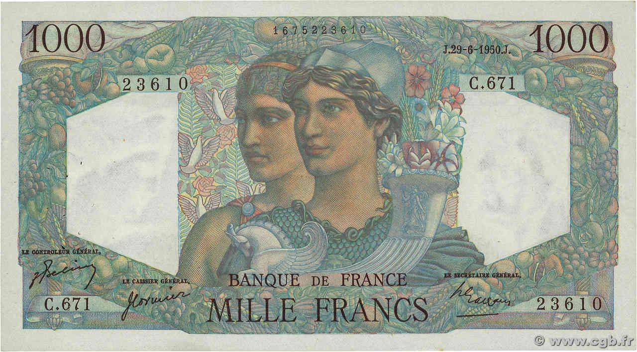 1000 Francs MINERVE ET HERCULE FRANCE  1950 F.41.33 XF-