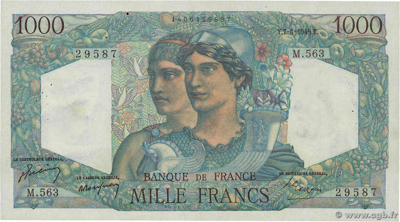 1000 Francs MINERVE ET HERCULE FRANCE  1949 F.41.26 VF+