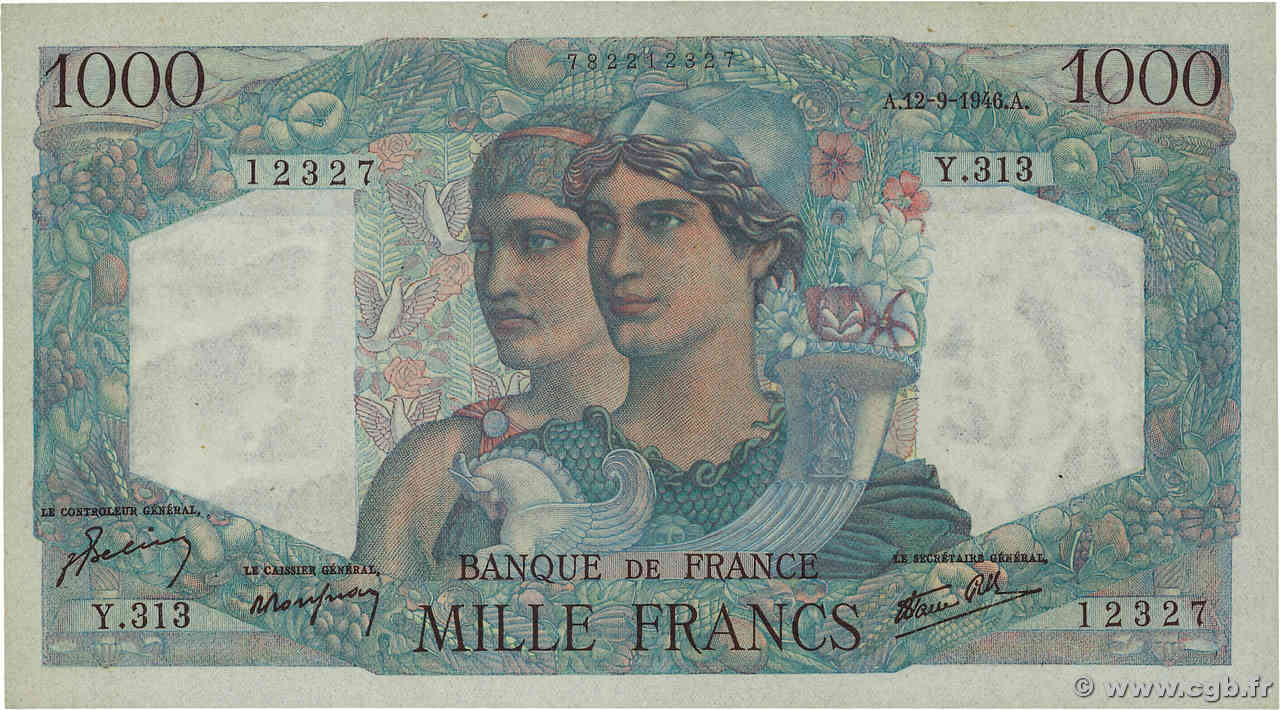 1000 Francs MINERVE ET HERCULE FRANCE  1946 F.41.16 XF