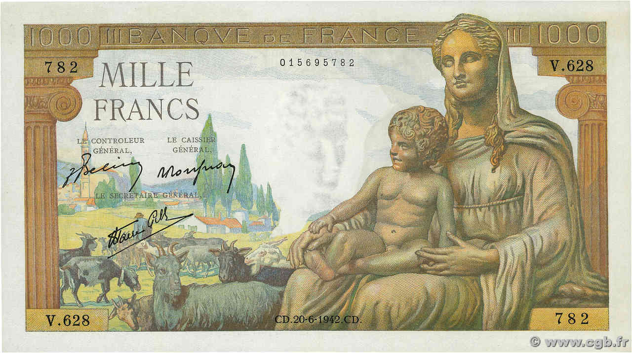 1000 Francs DÉESSE DÉMÉTER FRANCIA  1942 F.40.03 SC+