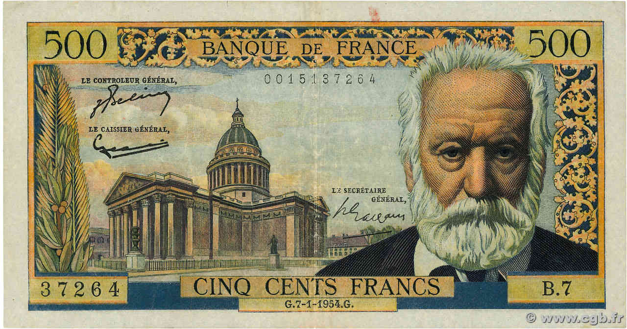 500 Francs VICTOR HUGO FRANCE  1954 F.35.01 TB+