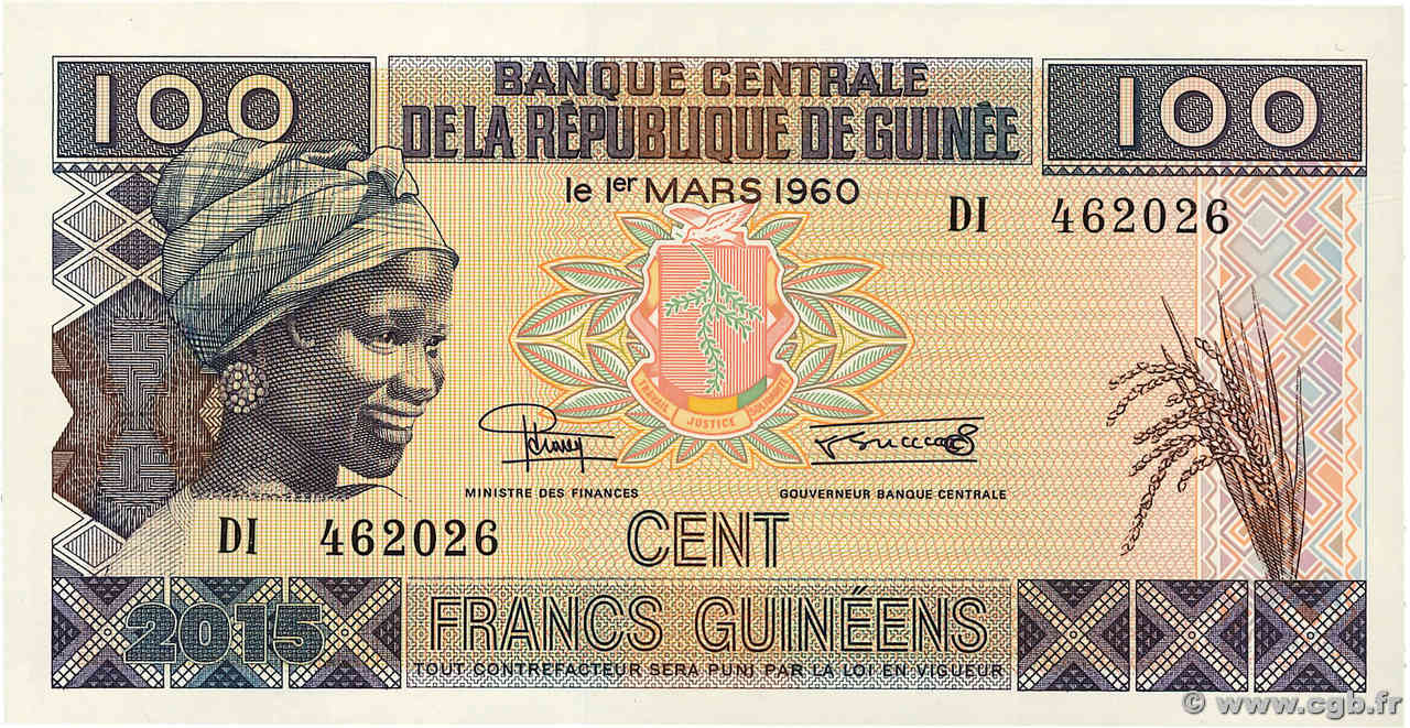 100 Francs Guinéens GUINEA  2015 P.A47 FDC