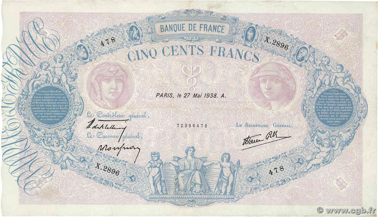 500 Francs BLEU ET ROSE modifié FRANCE  1938 F.31.12 VF