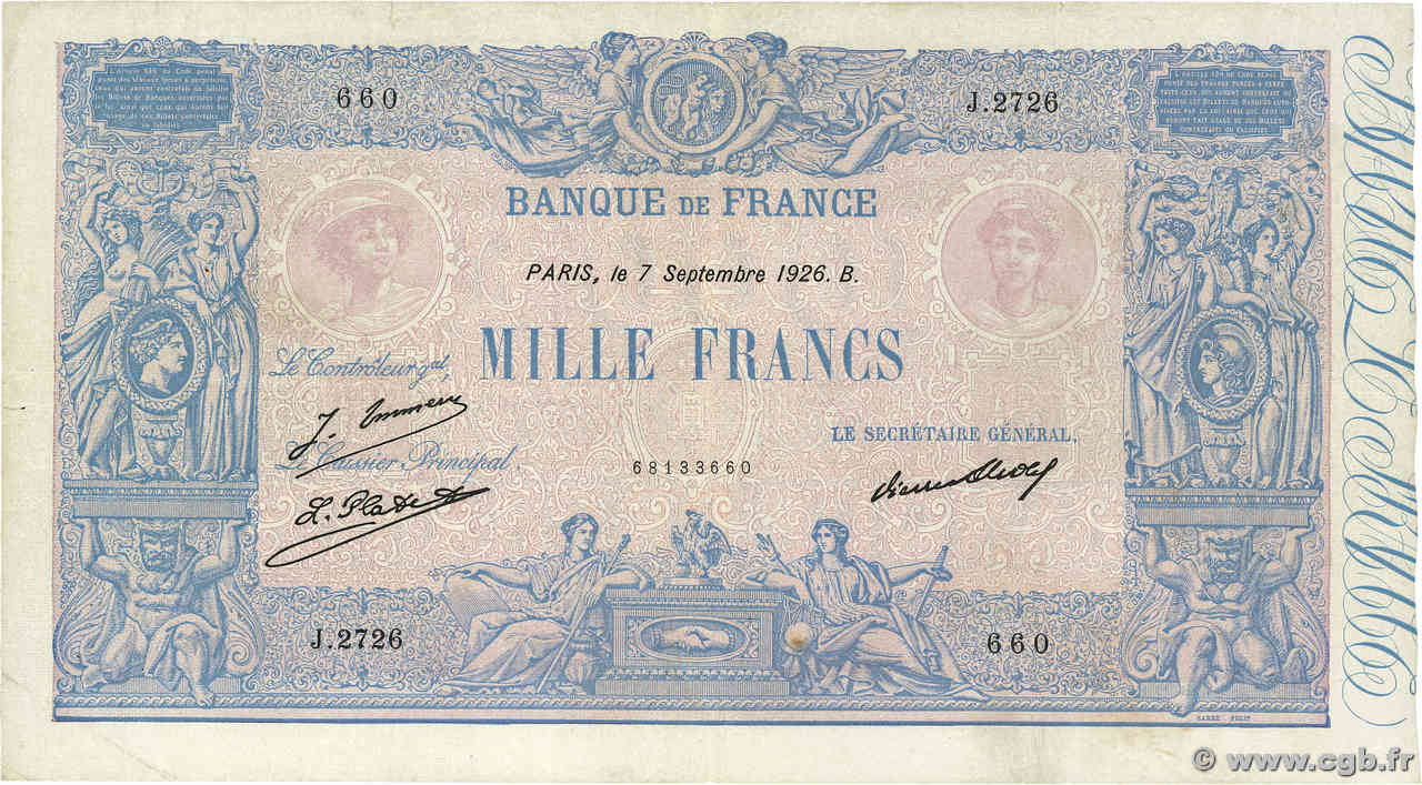 1000 Francs BLEU ET ROSE FRANCE  1926 F.36.43 VF-