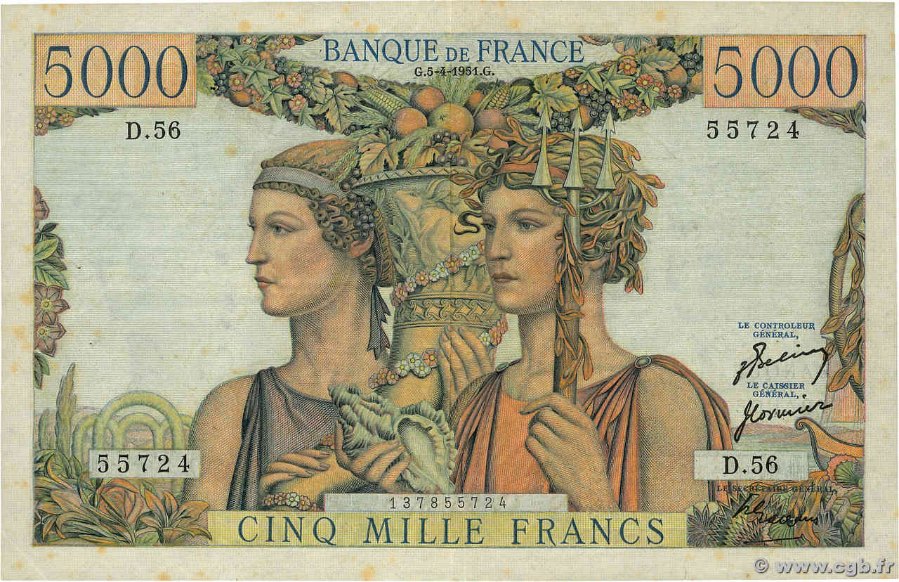 5000 Francs TERRE ET MER FRANCE  1951 F.48.04 VF