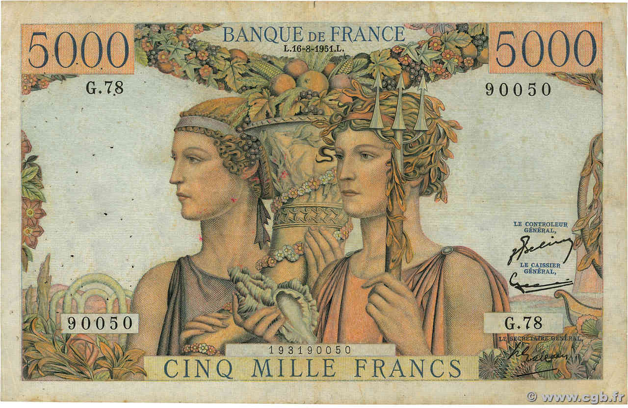 5000 Francs TERRE ET MER FRANCIA  1951 F.48.05 BC