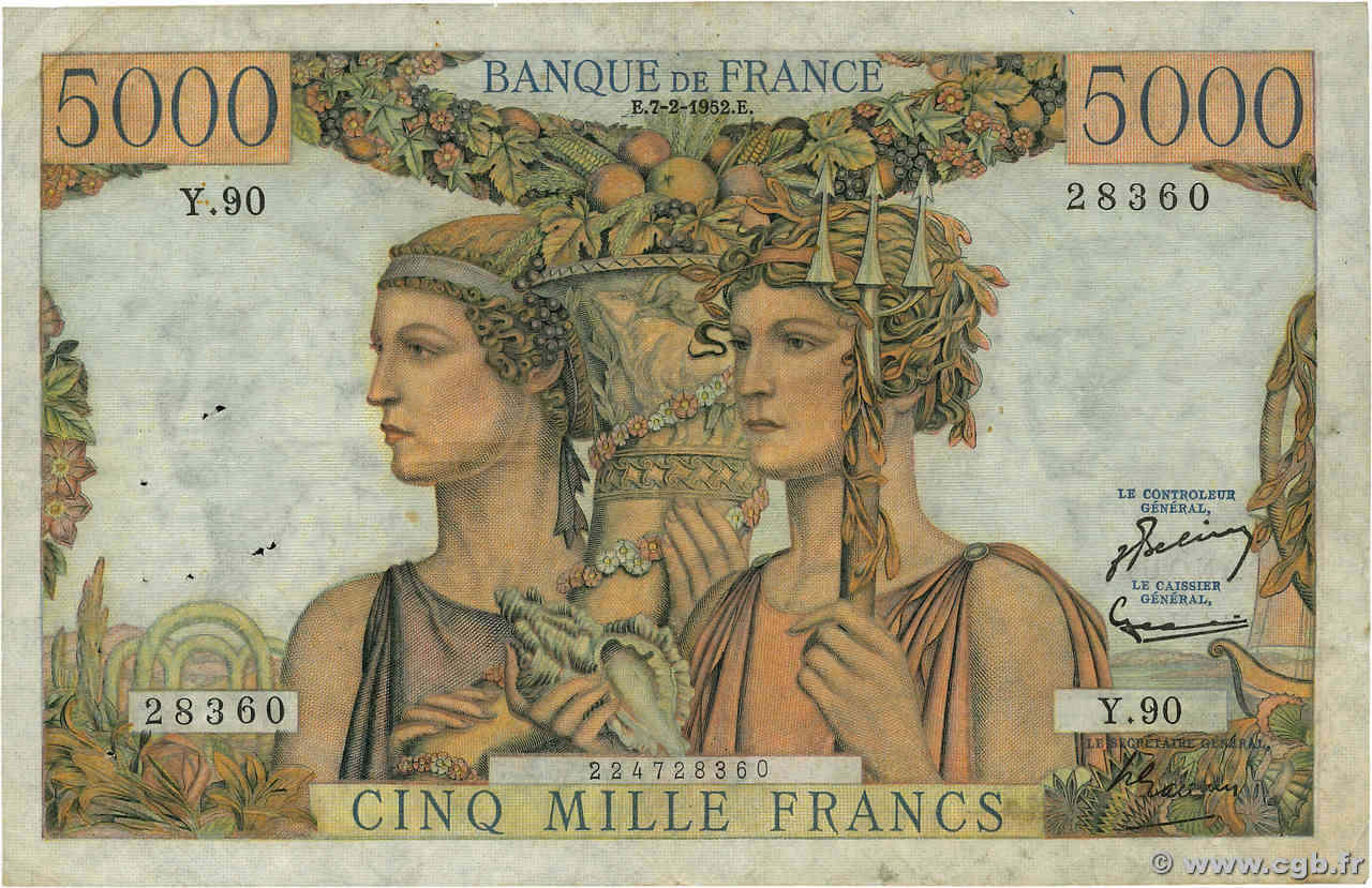 5000 Francs TERRE ET MER FRANCIA  1952 F.48.06 BC+