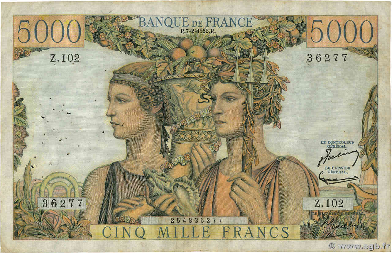 5000 Francs TERRE ET MER FRANCIA  1952 F.48.06 BC+