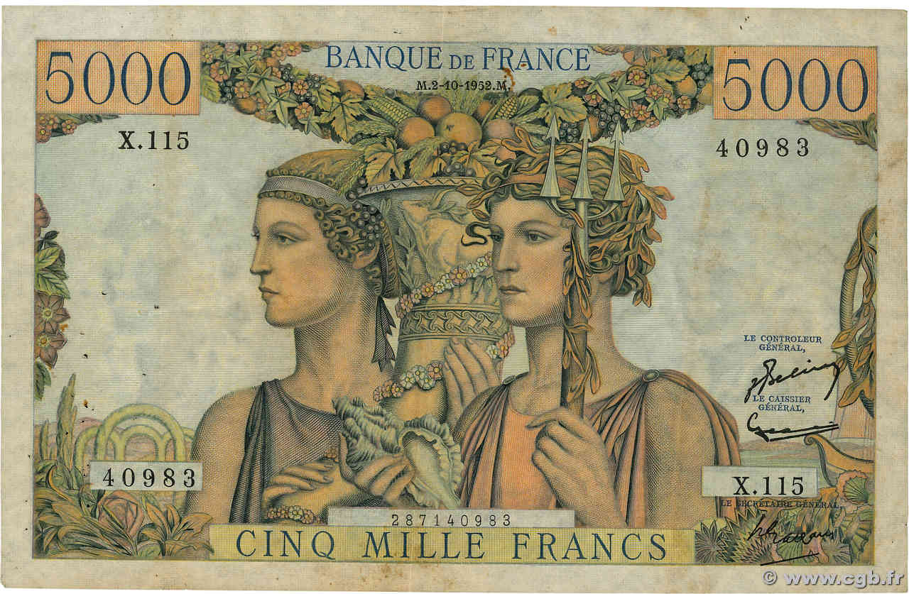 5000 Francs TERRE ET MER FRANCIA  1952 F.48.07 q.BB