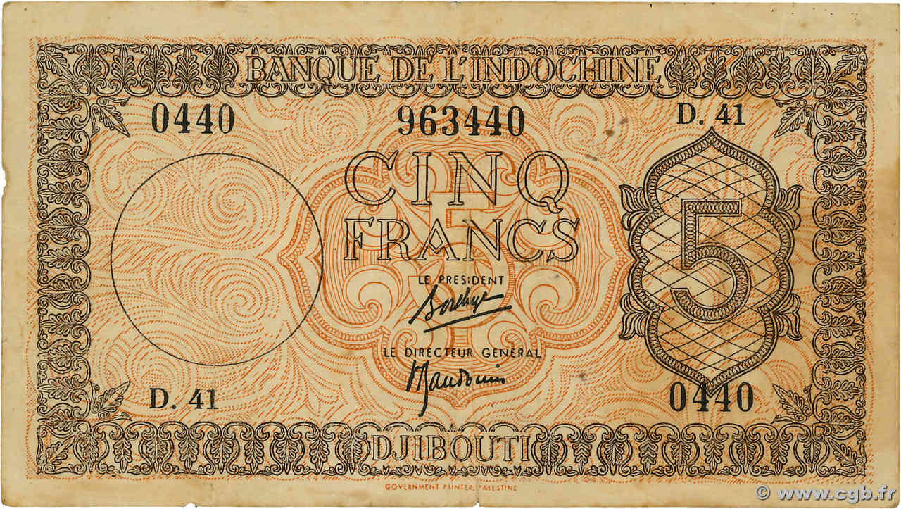 5 Francs Palestine DJIBOUTI  1945 P.14 VF