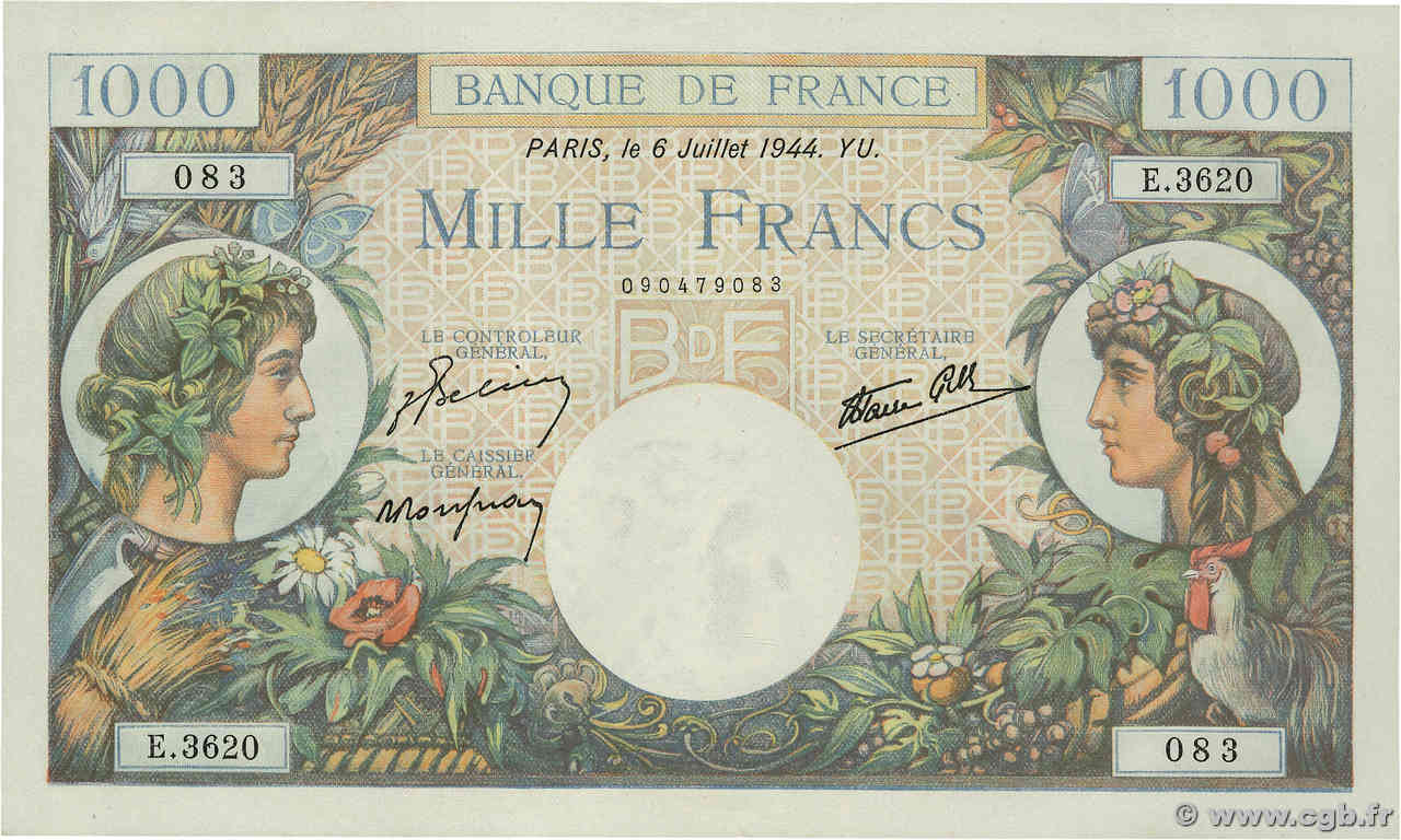 1000 Francs COMMERCE ET INDUSTRIE FRANCIA  1944 F.39.10 SC+