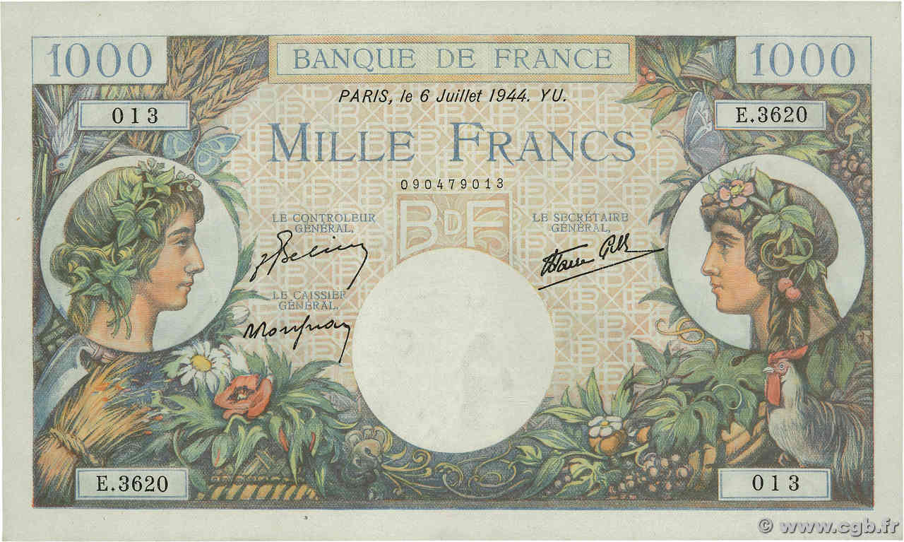 1000 Francs COMMERCE ET INDUSTRIE FRANCE  1944 F.39.10 AU+