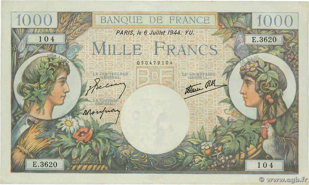 1000 Francs COMMERCE ET INDUSTRIE FRANKREICH  1944 F.39.10 fST