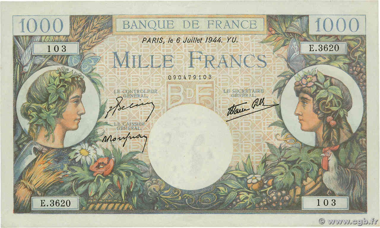 1000 Francs COMMERCE ET INDUSTRIE FRANCIA  1944 F.39.10 AU