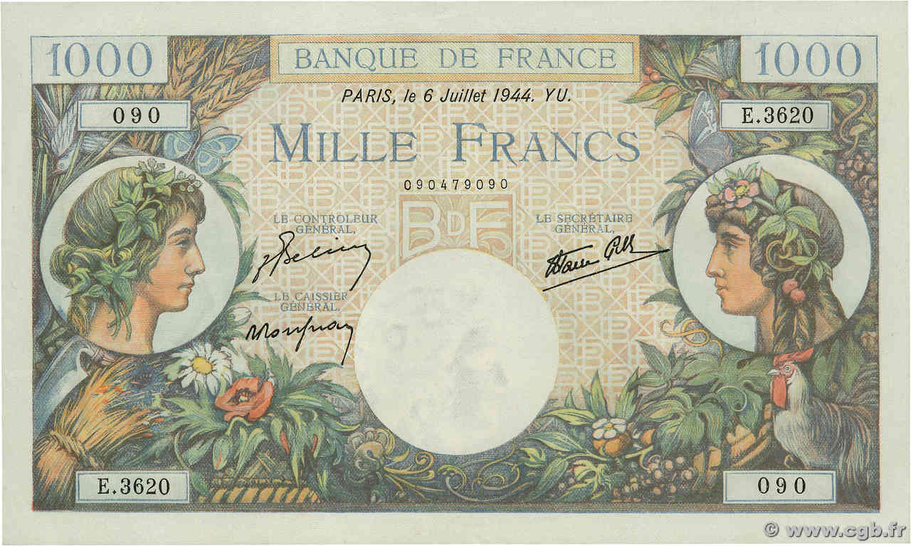 1000 Francs COMMERCE ET INDUSTRIE Numéro radar FRANCIA  1944 F.39.10 SC+