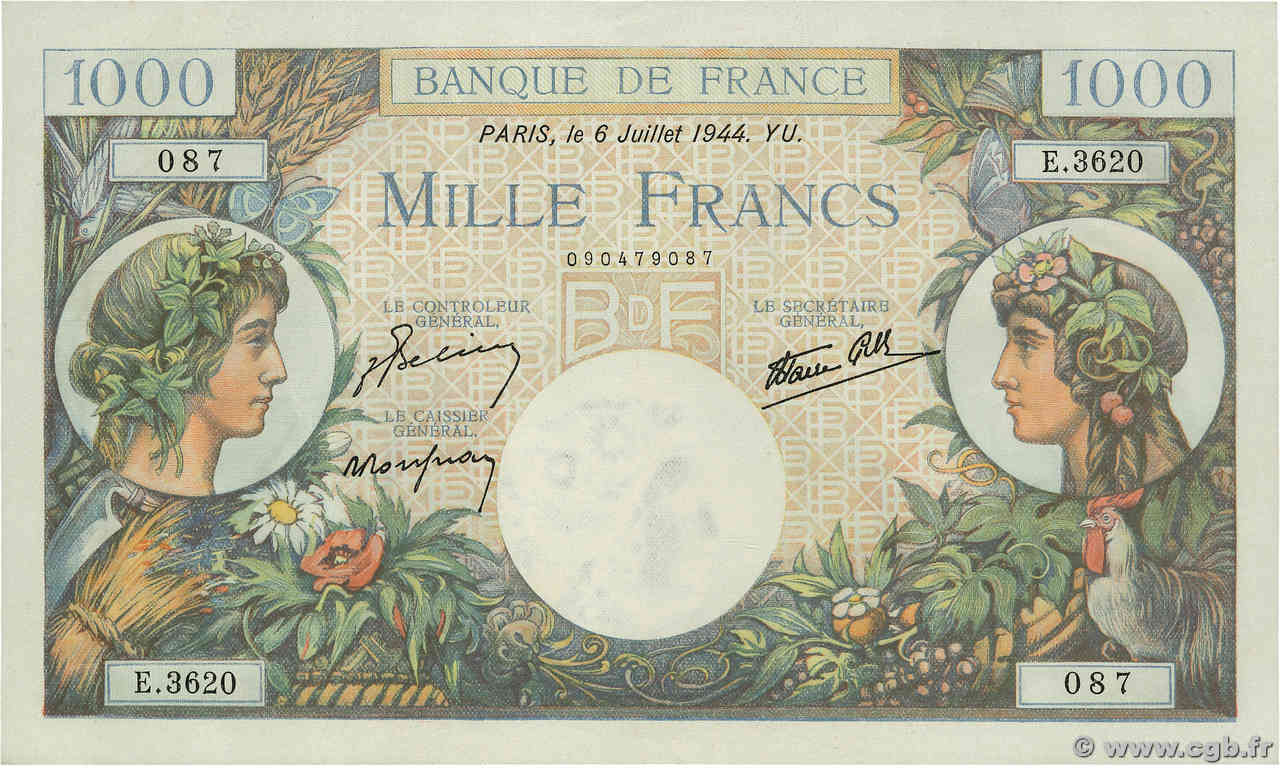 1000 Francs COMMERCE ET INDUSTRIE FRANCE  1944 F.39.10 SPL+