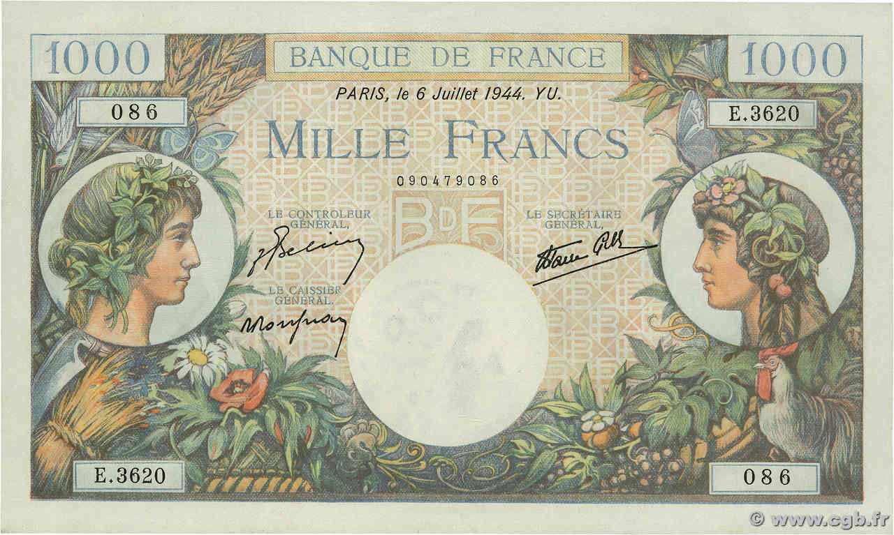 1000 Francs COMMERCE ET INDUSTRIE FRANCIA  1944 F.39.10 AU+