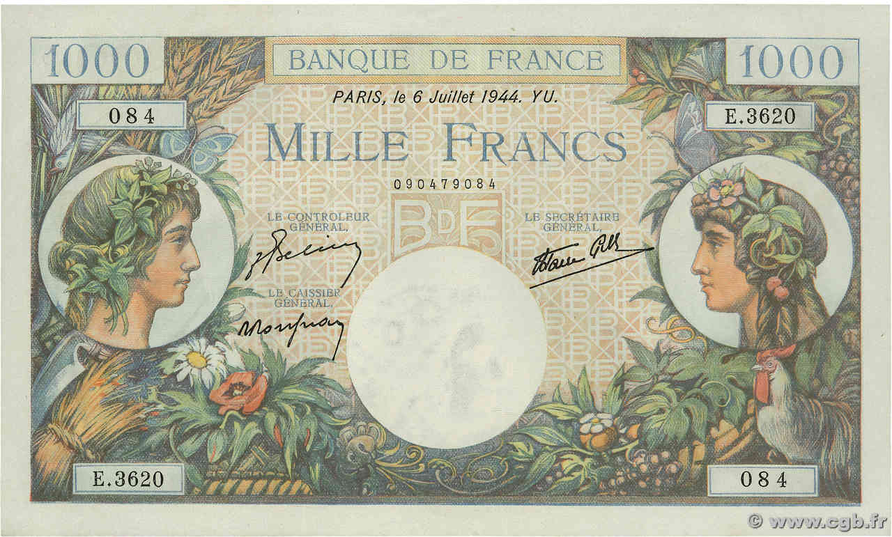 1000 Francs COMMERCE ET INDUSTRIE FRANCE  1944 F.39.10 SPL+