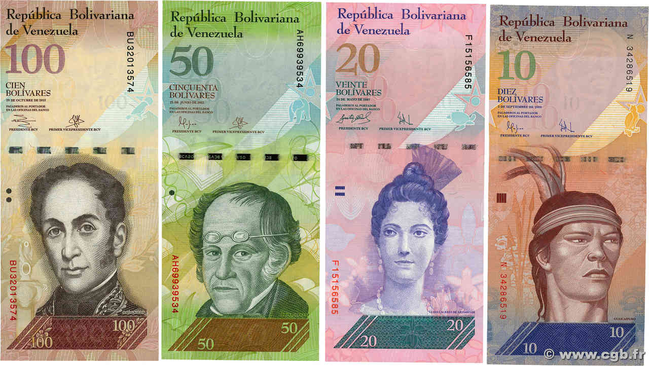 10, 20, 50 et 100 Bolivares Lot VENEZUELA  2009 P.090b, P.091a, P.092j et P.093g SC+