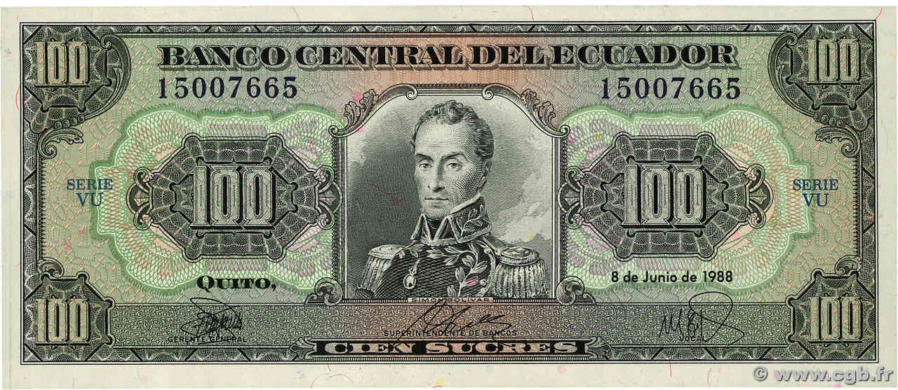 100 Sucres ECUADOR  1988 P.123Aa UNC