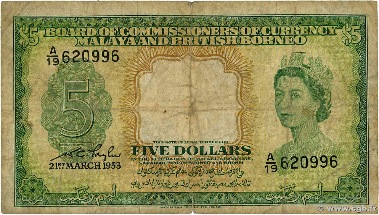 5 Dollars MALAYA and BRITISH BORNEO  1953 P.02a VG