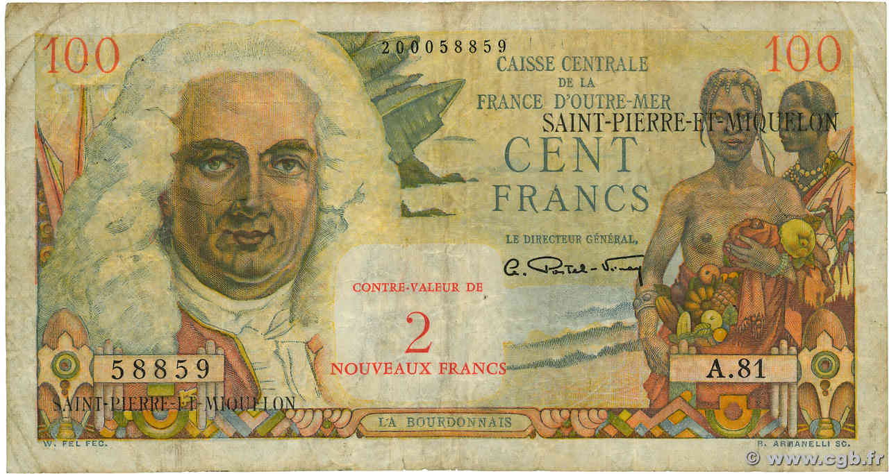 2 NF sur 100 Francs La Bourdonnais SAN PEDRO Y MIGUELóN  1960 P.32 RC+