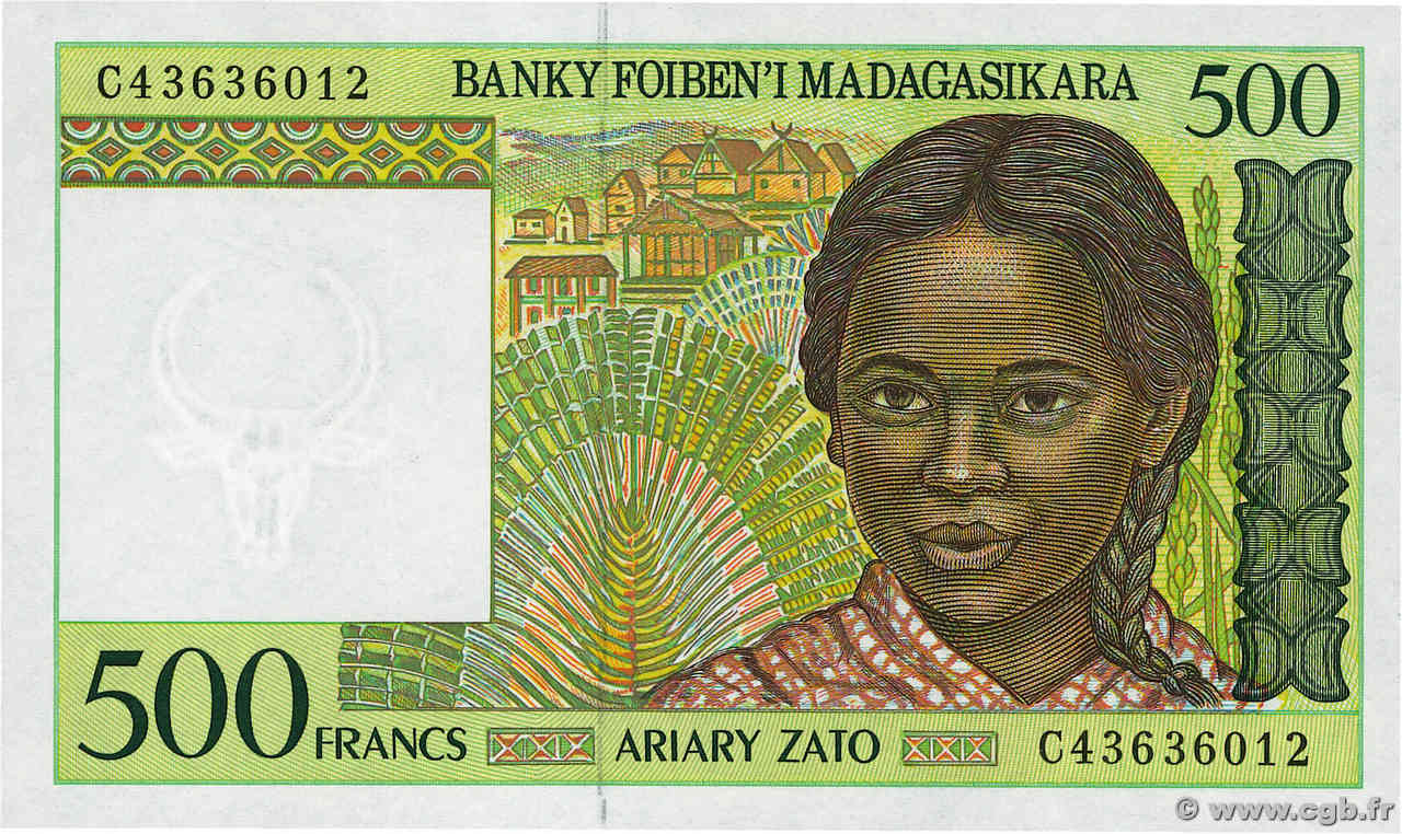 500 Francs - 100 Ariary MADAGASCAR  1994 P.075b UNC-