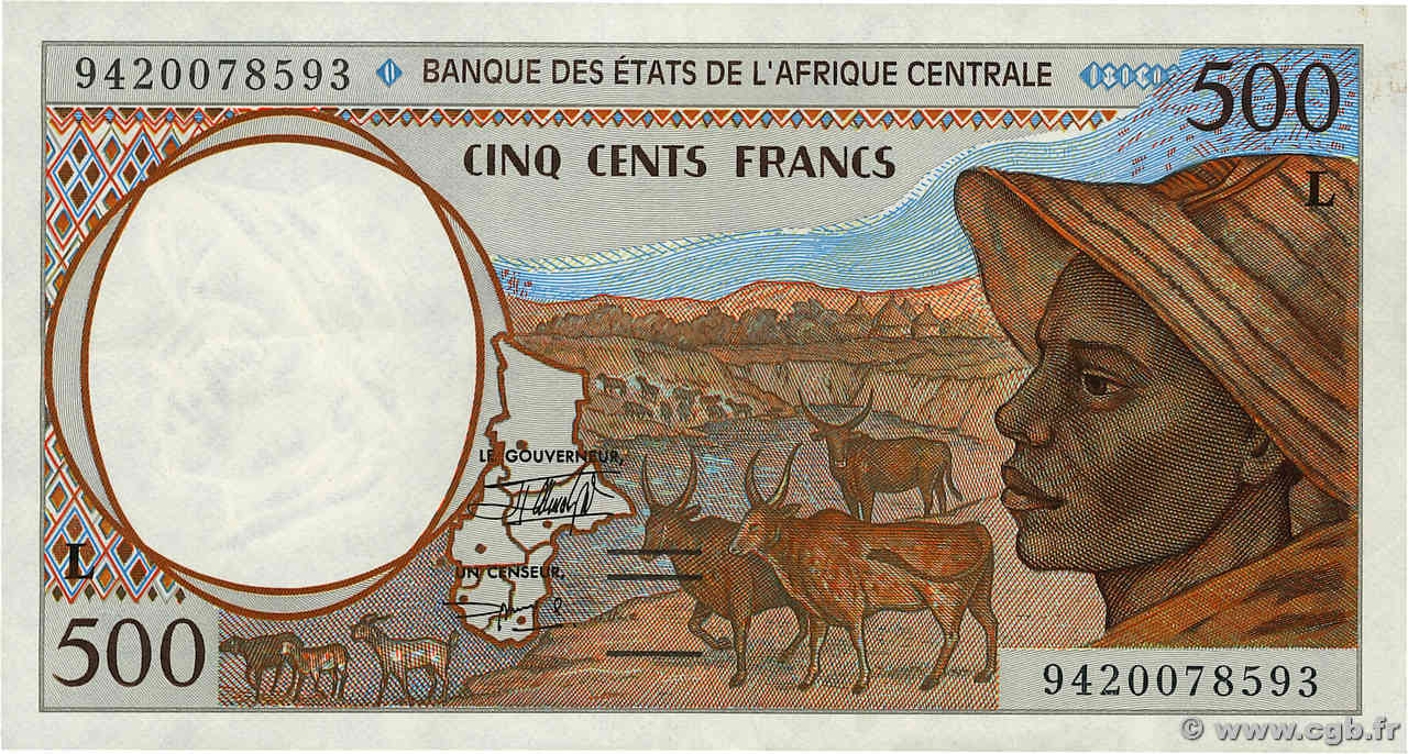 500 Francs ZENTRALAFRIKANISCHE LÄNDER  1994 P.401Lb fVZ