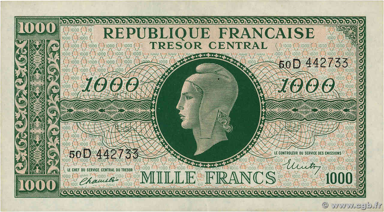 1000 Francs MARIANNE THOMAS DE LA RUE FRANKREICH  1945 VF.13.01 fST+