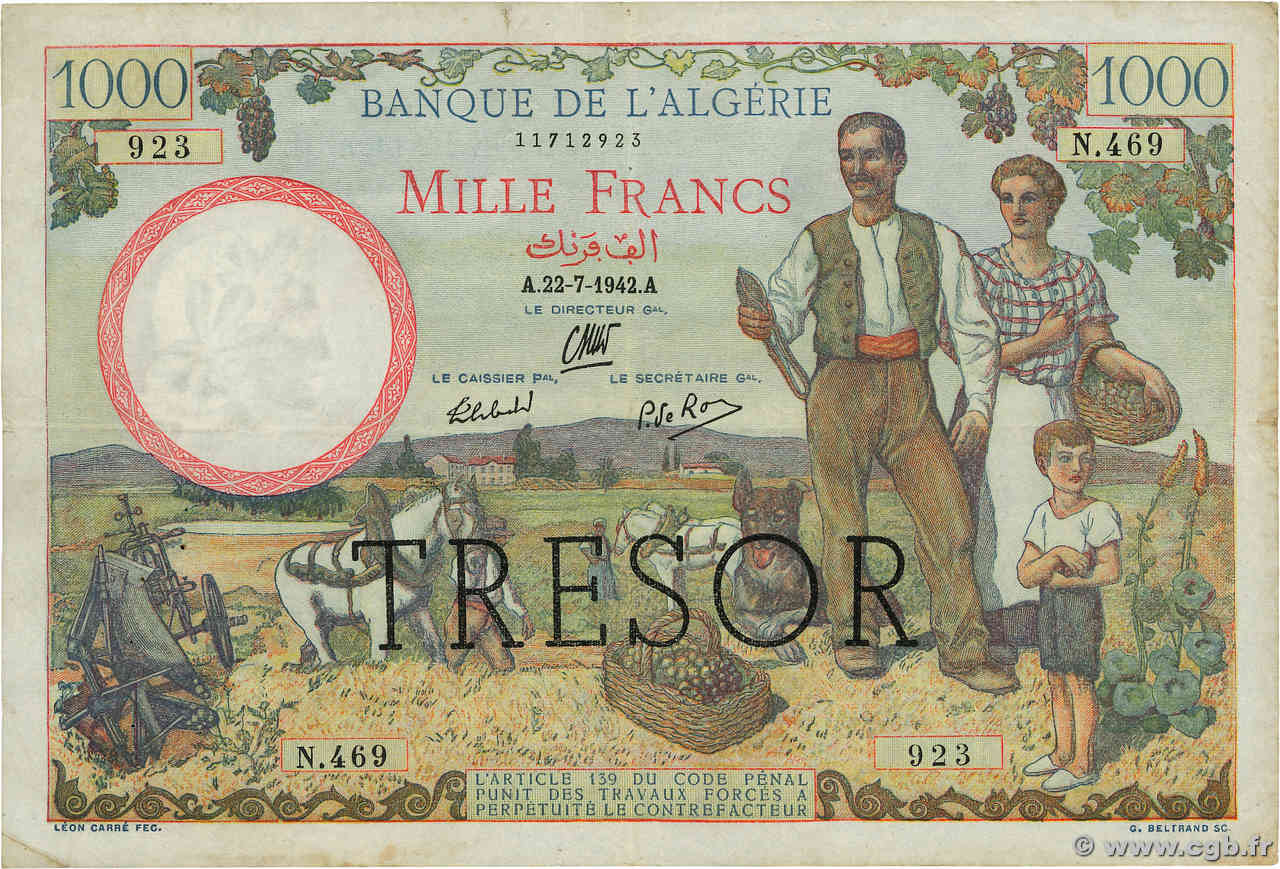 1000 Francs ALGÉRIE FRANCIA  1943 VF.10.01 BB