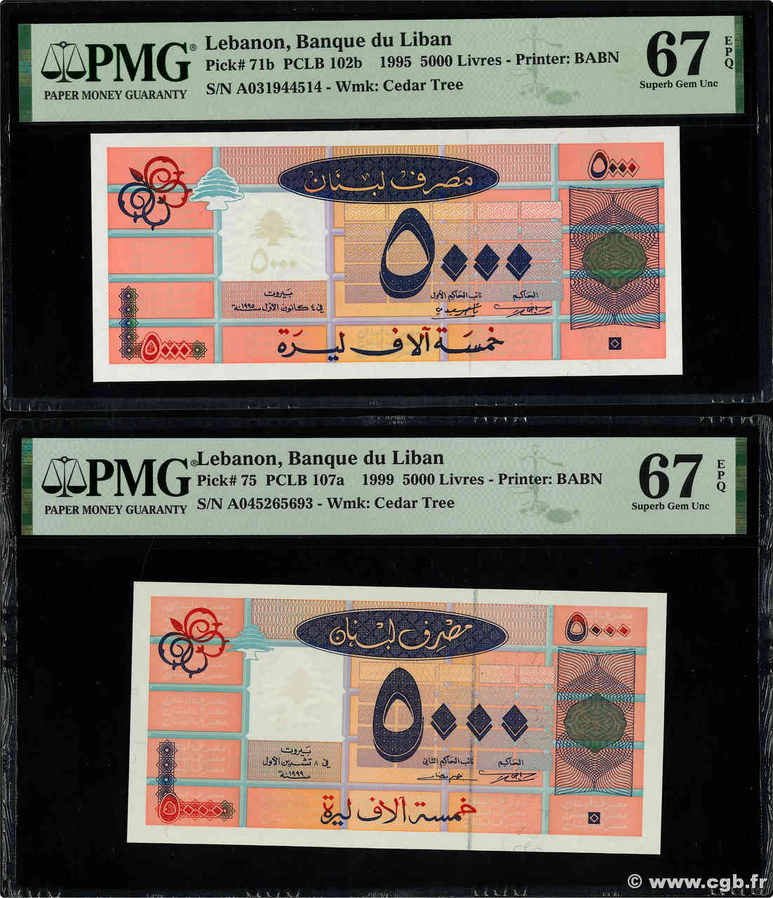 5000 Livres Lot LIBAN  1995 P.071b et P.075 NEUF