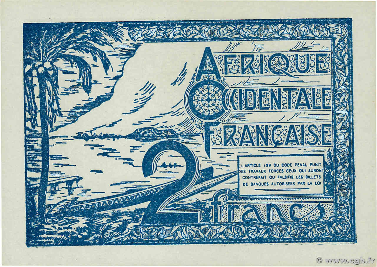 2 Francs FRENCH WEST AFRICA  1944 P.35 q.FDC