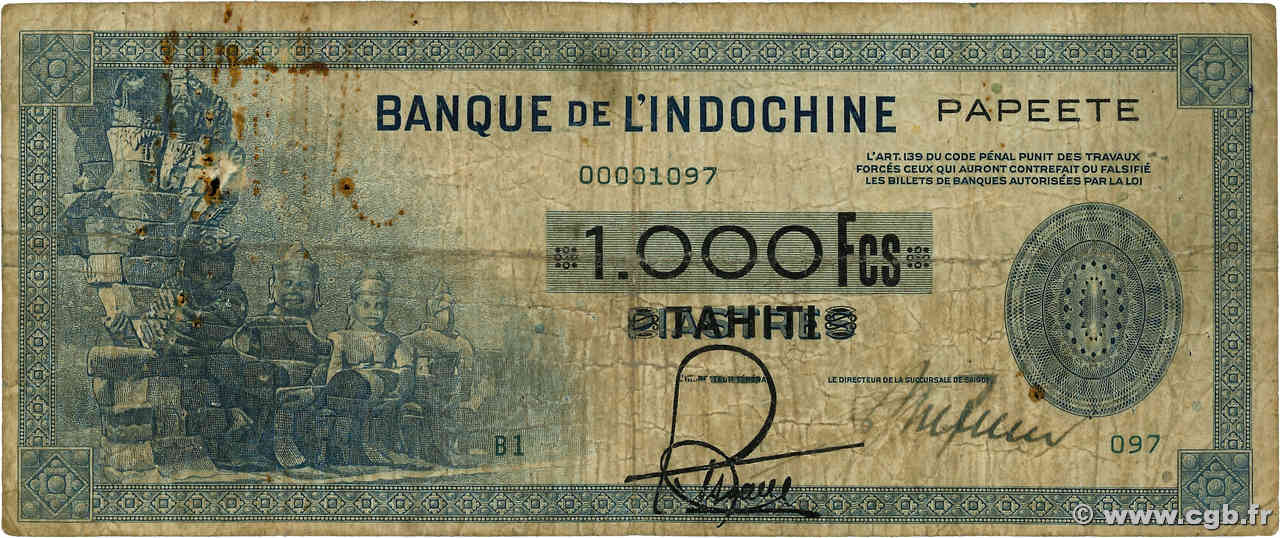 1000 Francs TAHITI  1943 P.18a B+