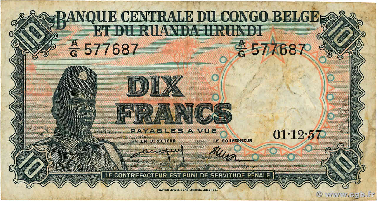 10 Francs CONGO BELGE  1957 P.30b TB