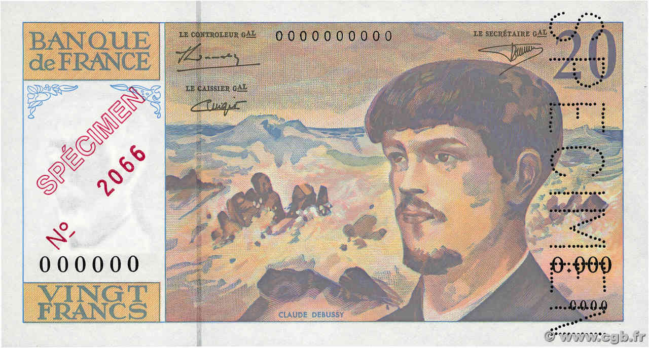 20 Francs DEBUSSY à fil de sécurité Spécimen FRANCE  1993 F.66bis.05Spn AU+