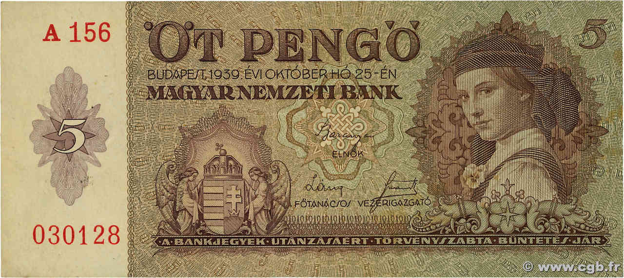 5 Pengö HUNGARY  1939 P.106 VF+