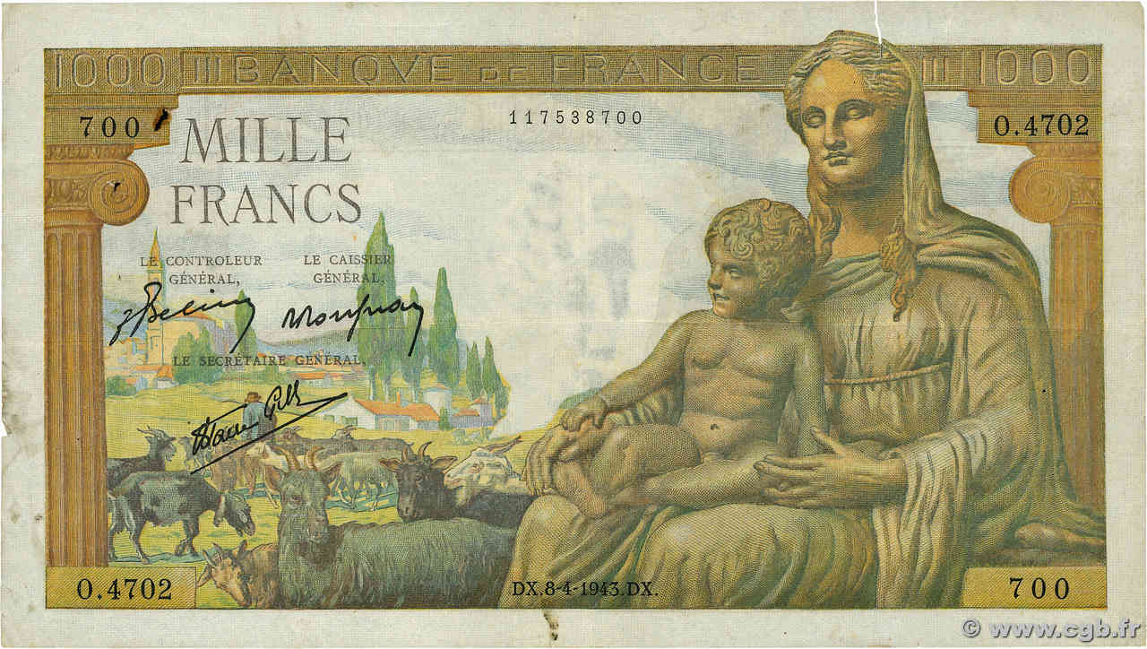 1000 Francs DÉESSE DÉMÉTER FRANCE  1943 F.40.21 TB+