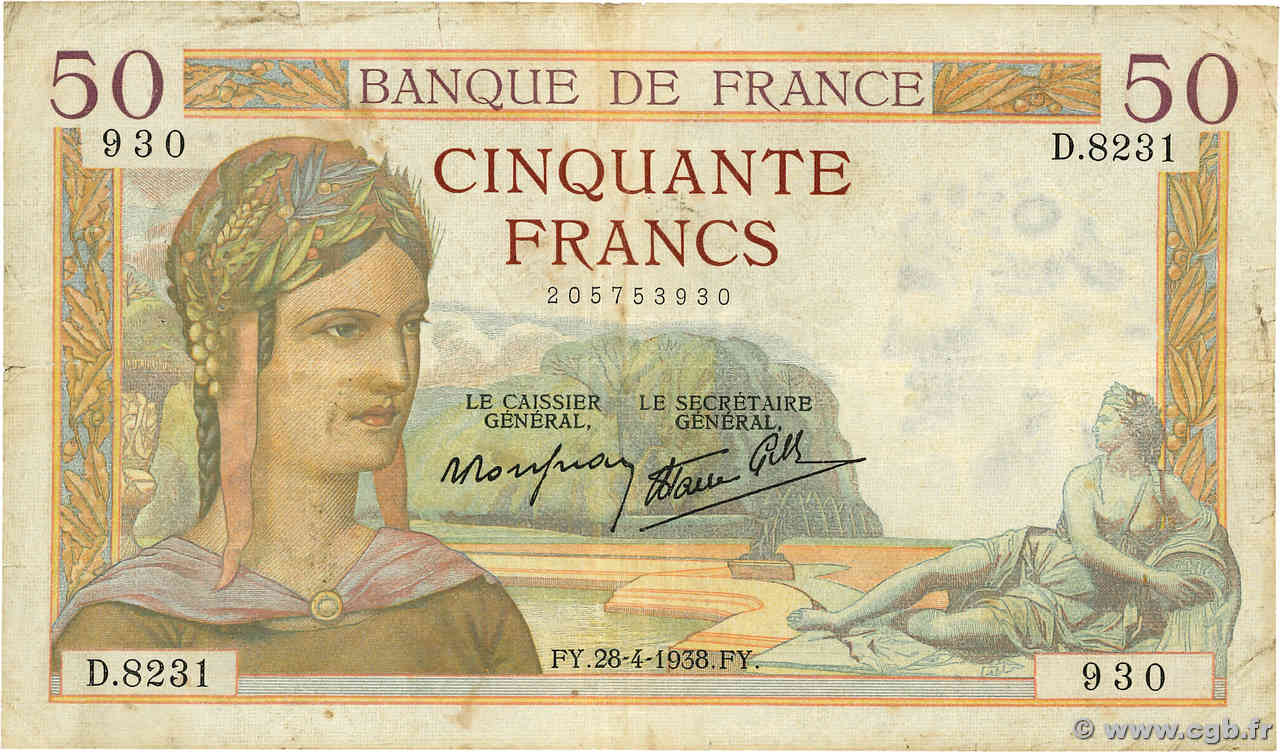 50 Francs CÉRÈS modifié FRANCE  1938 F.18.12 TB