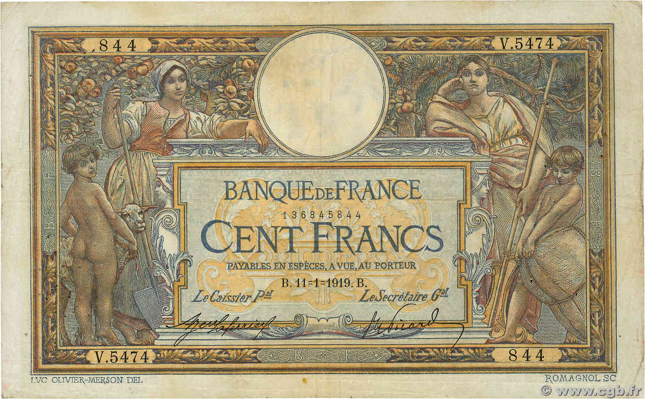 100 Francs LUC OLIVIER MERSON sans LOM FRANCE  1919 F.23.11 B+