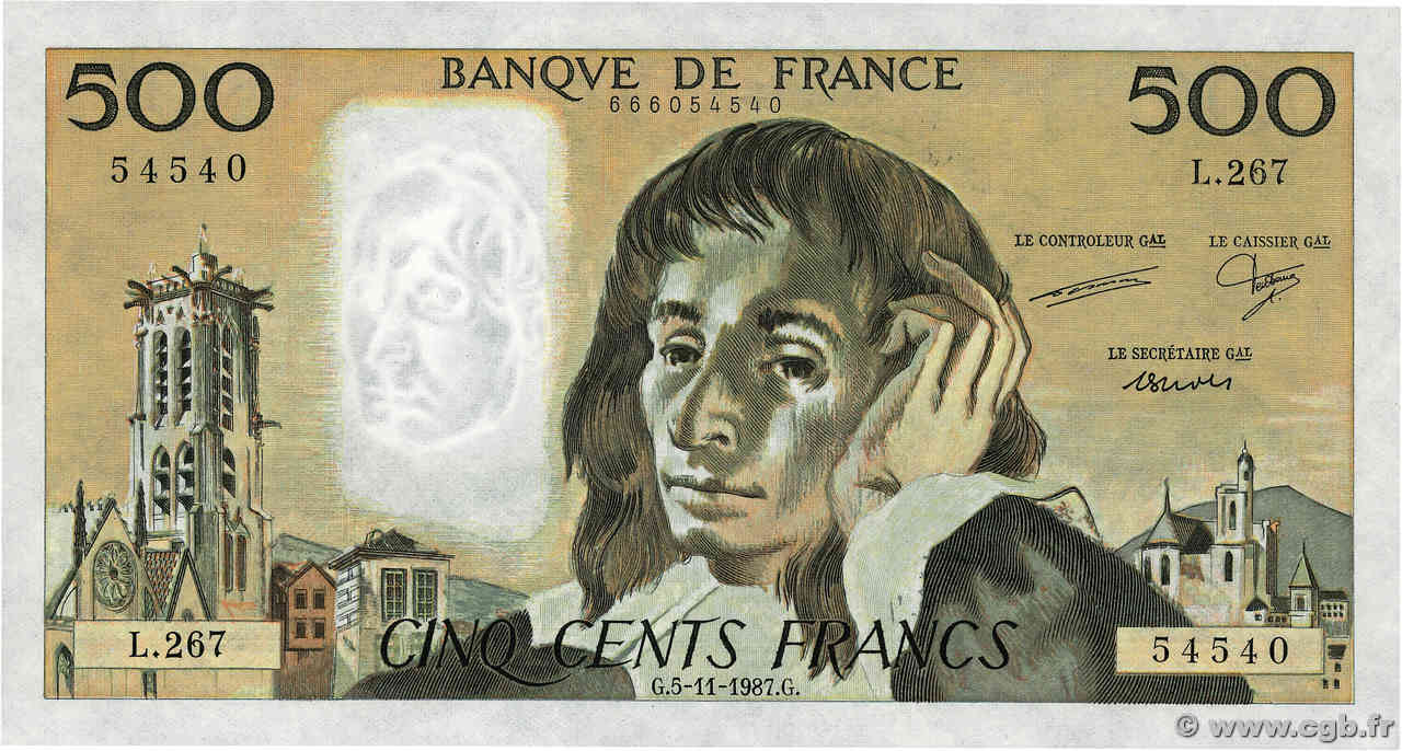 500 Francs PASCAL FRANCE  1987 F.71.37 pr.NEUF