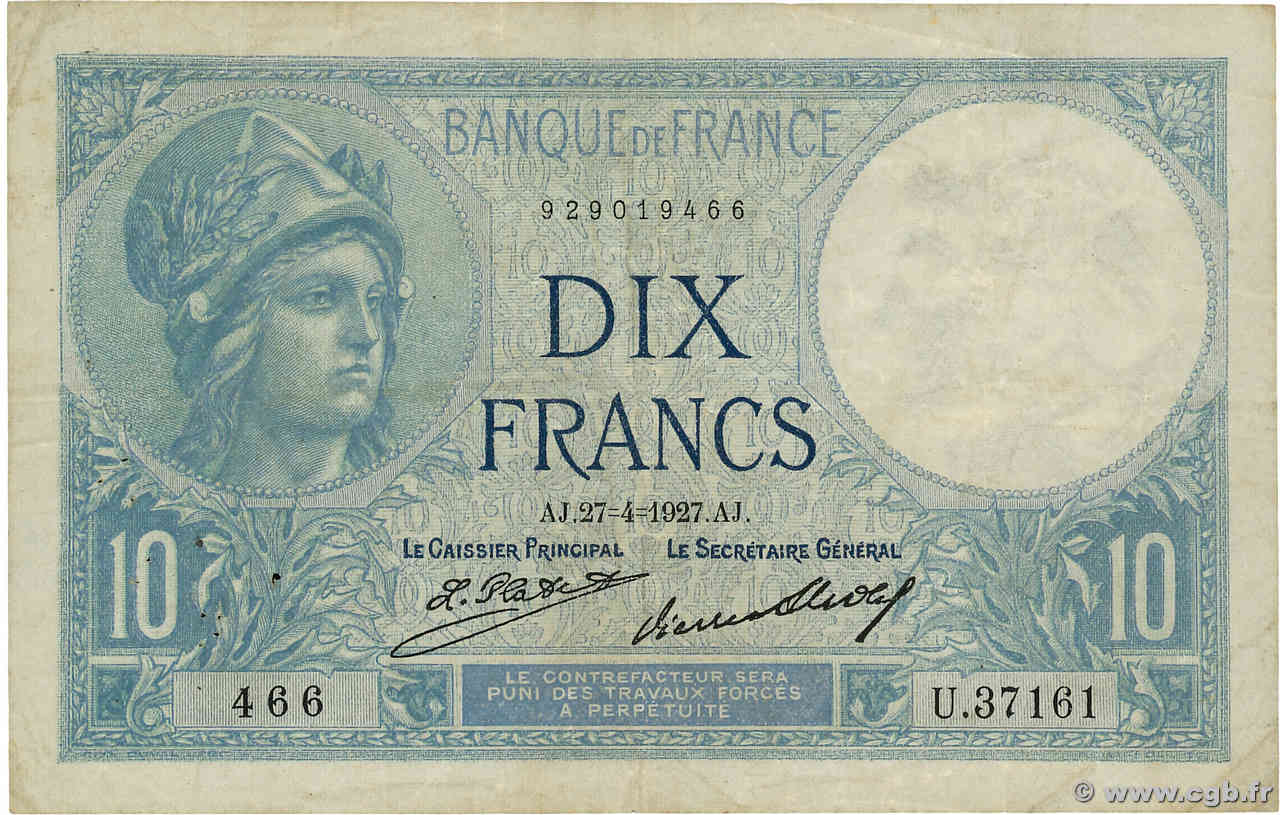 10 Francs MINERVE FRANCE  1927 F.06.12 F-
