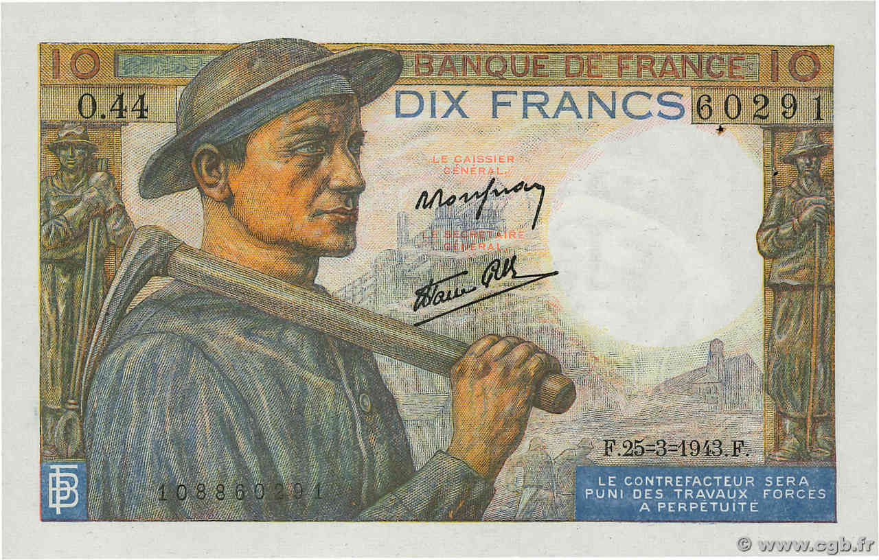 10 Francs MINEUR FRANCE  1943 F.08.08 SPL
