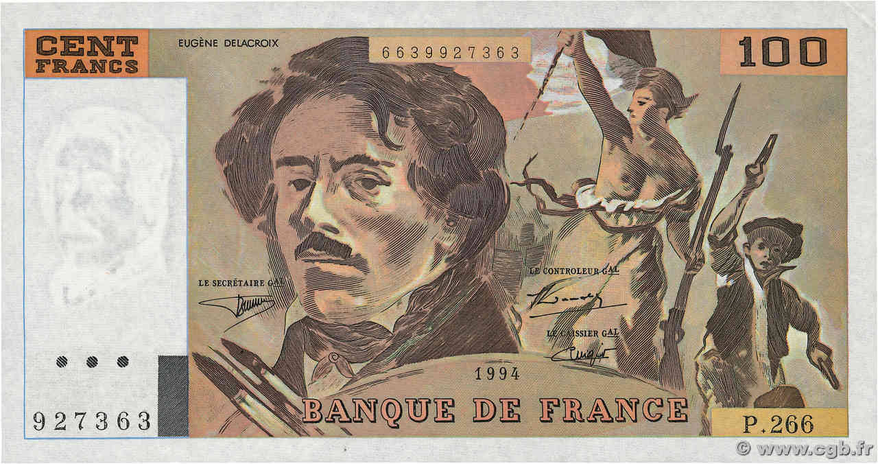100 Francs DELACROIX 442-1 & 442-2 FRANCE  1994 F.69TER.01b SUP+