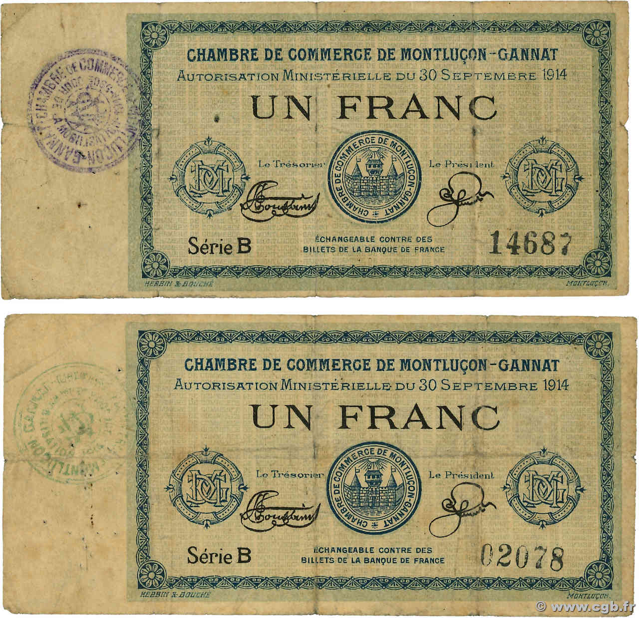 1 Franc Lot FRANCE régionalisme et divers Montluçon, Gannat 1914 JP.084.05 pr.TB